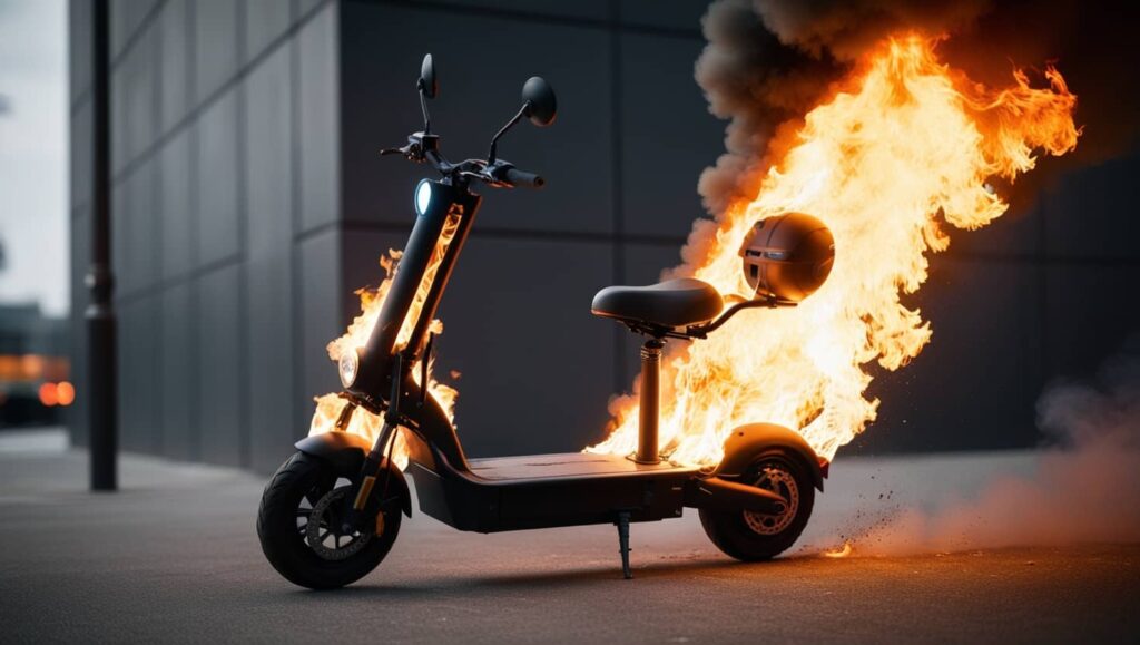 Electric scooter engulfed in flames, emitting thick black smoke.